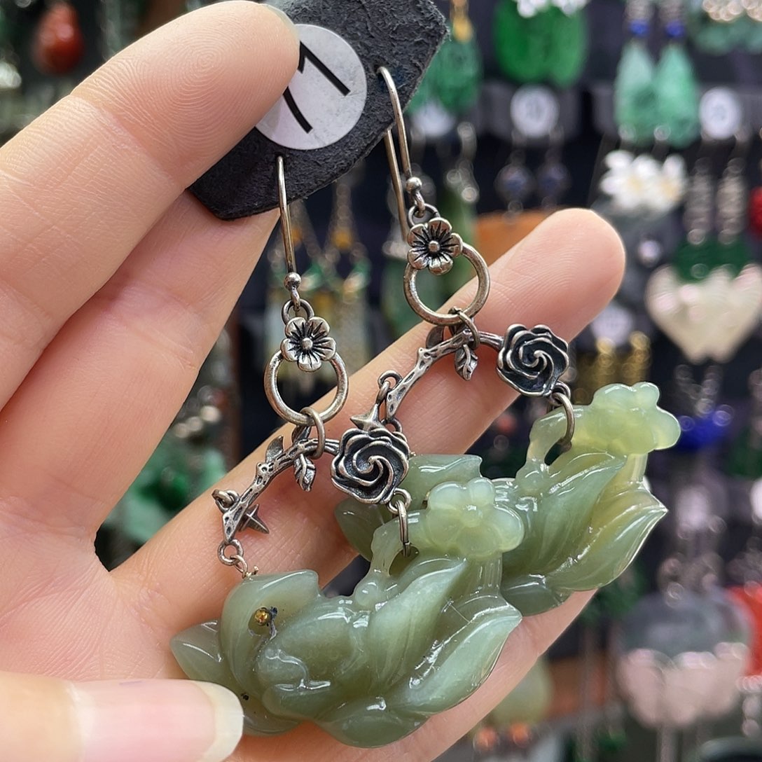 海***藻和田玉银S925镶嵌耳饰966ujjhj