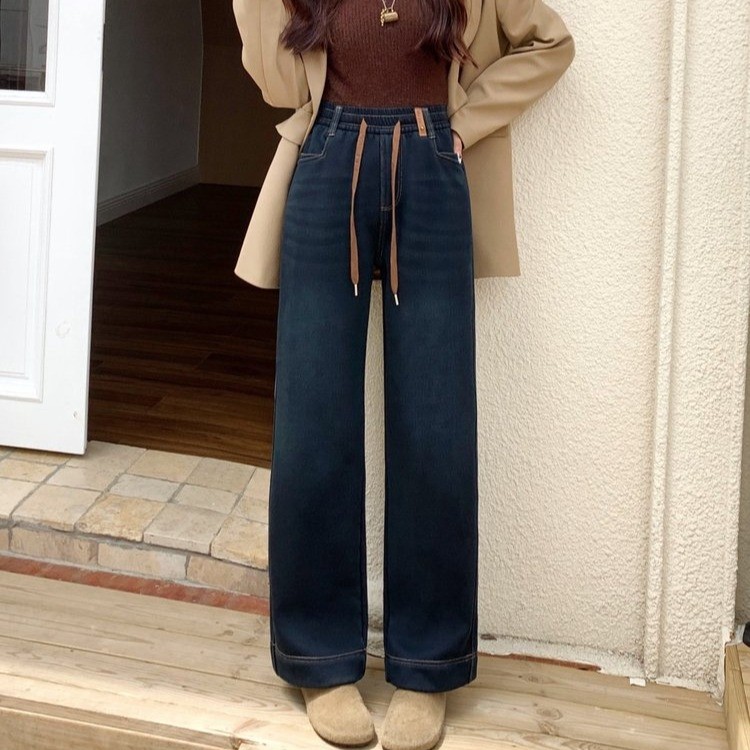 柔软冬季宽松加绒修身直筒裤子女水洗做旧百搭高腰蓝色牛仔裤