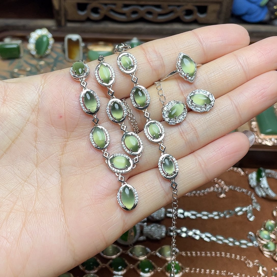 和田玉（碧玉）银S925镶嵌吊坠(不含链)套装