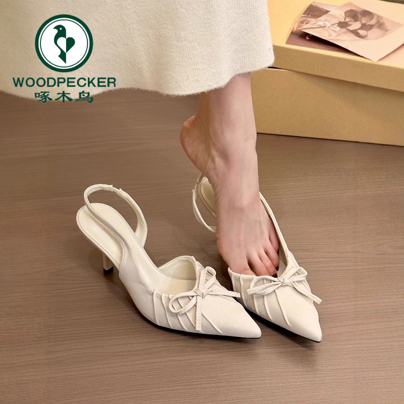 啄木鸟法式温柔高跟鞋女2025春夏新款气质蝴蝶结尖头细跟包头凉鞋