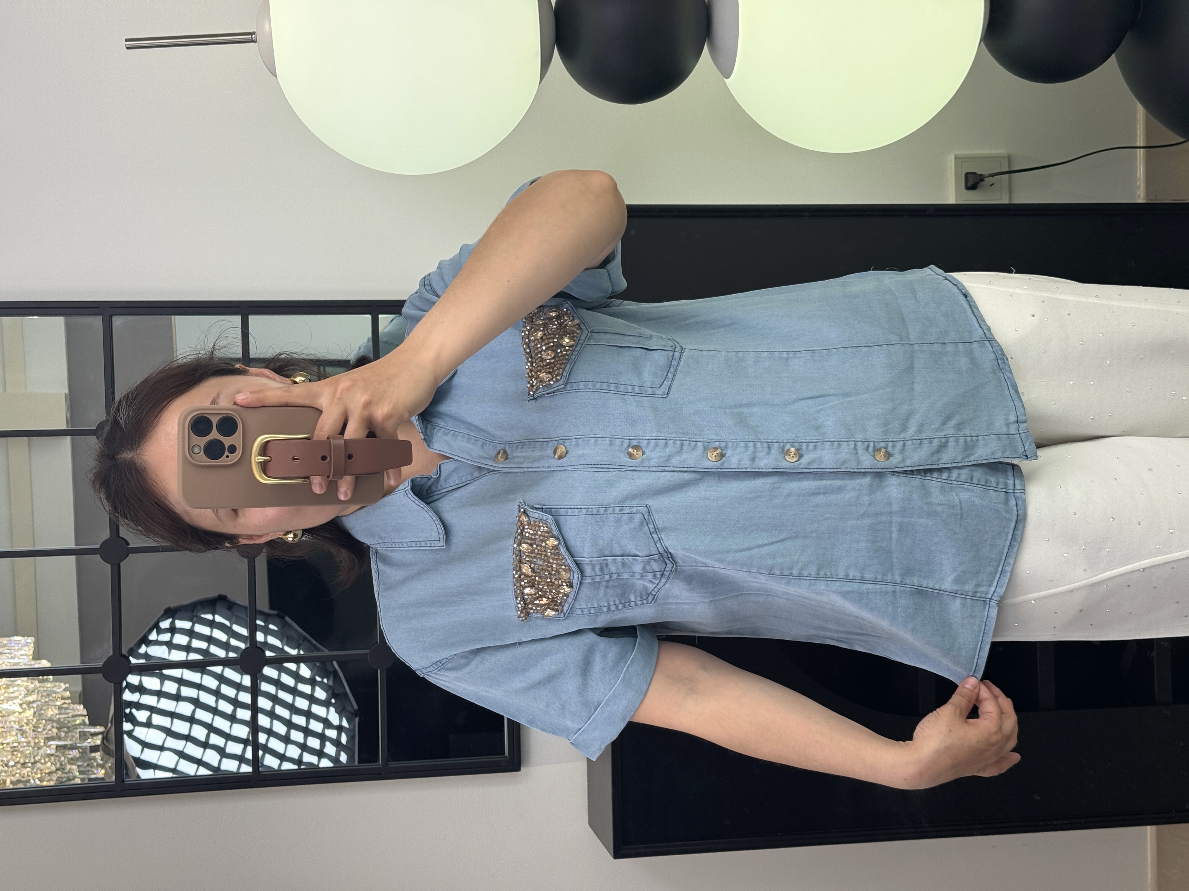 iselrag《亿瑟礼色彩》女装新款重工顶珠短袖天丝牛仔衬衣时尚气质