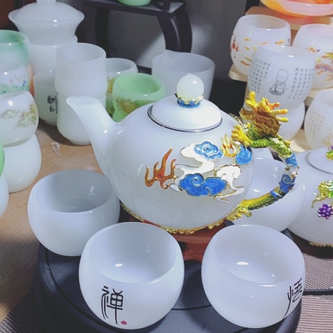 羊脂玉瓷琉璃中式珐琅彩龙腾盛世一壶六杯礼盒套装
