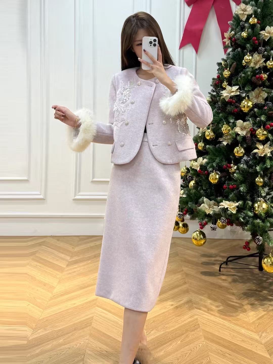 285南油高货!!高奢名媛风呢料内重上衣高腰半身裙套装（与图片不符