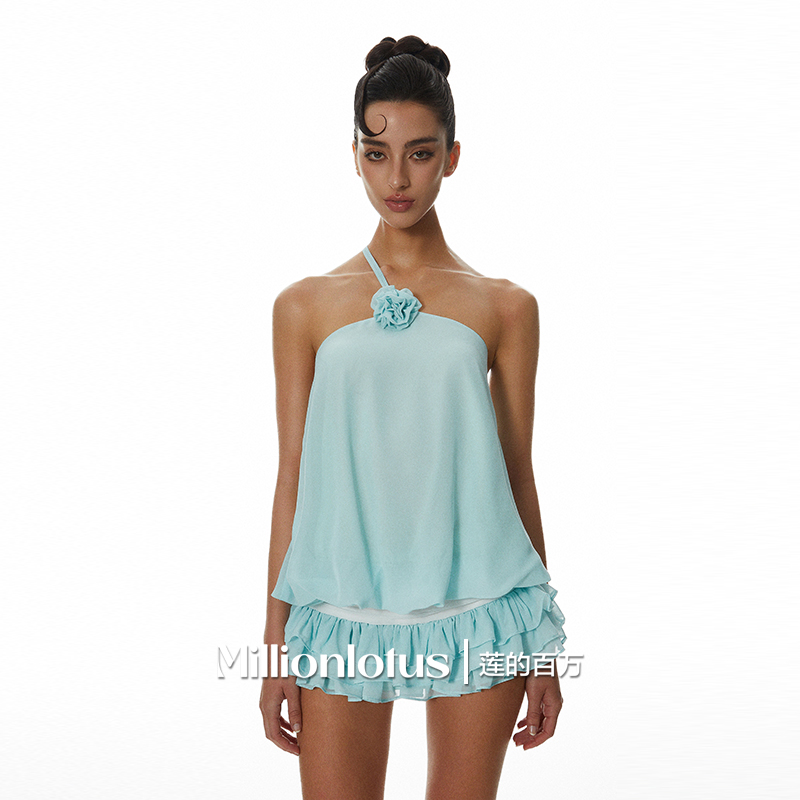 莲的百万清水蓝挂脖吊带荷叶边蛋糕小短裙吊带玫瑰短裙两件套