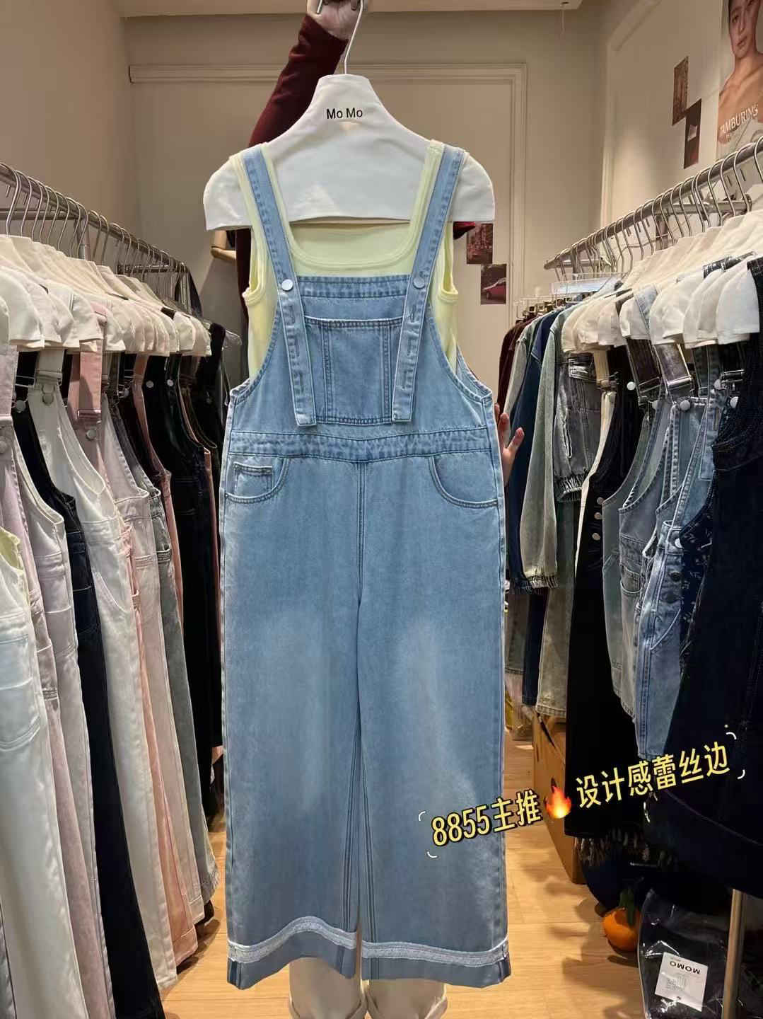 复古牛仔背带裤拼接蕾丝