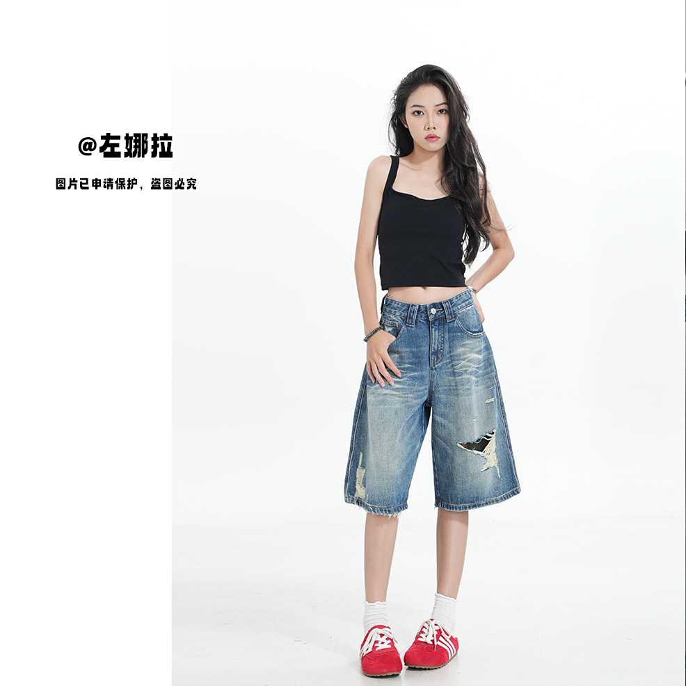 【XR11139】大破洞2025夏季新款中五分裤牛仔裤