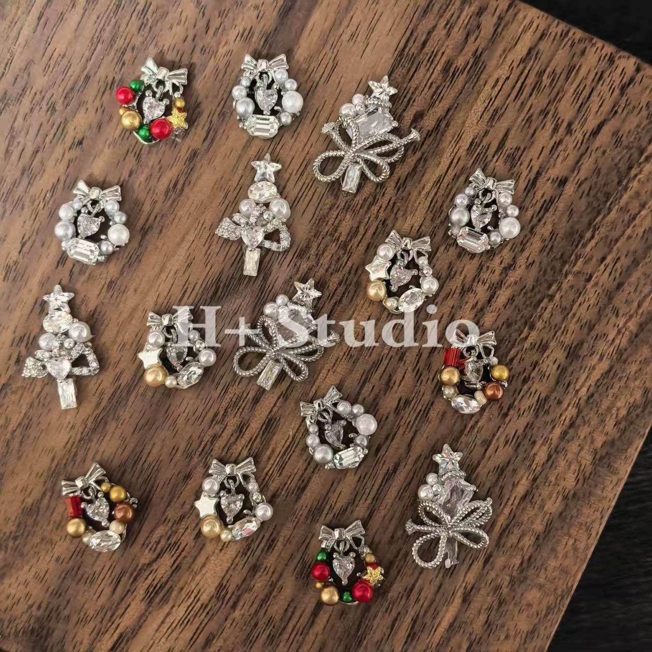 【H+】圣诞系列手工堆钻圣诞珍珠花环圣诞树美甲饰品