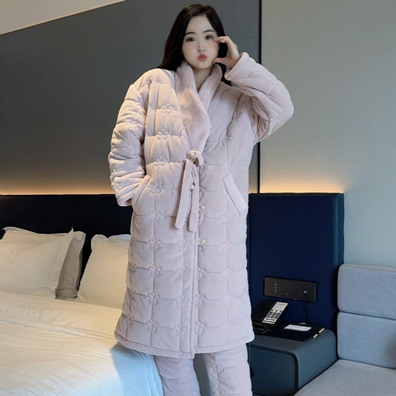 庆同冬季加厚保暖中长款三层夹棉睡袍套装女士睡衣可外穿家居服