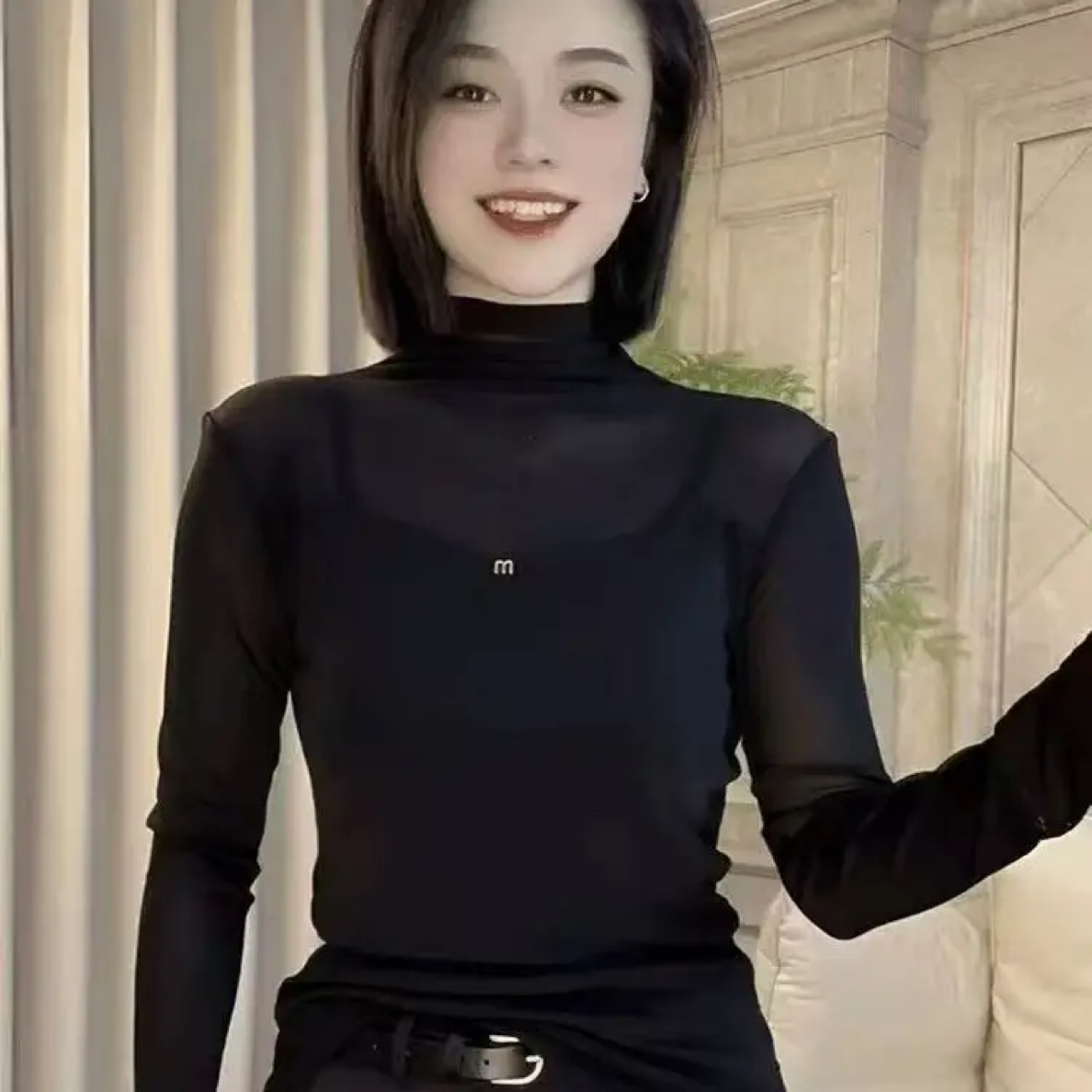 半高领宽松型长袖纱网不起球T恤显瘦气质蕾丝修身