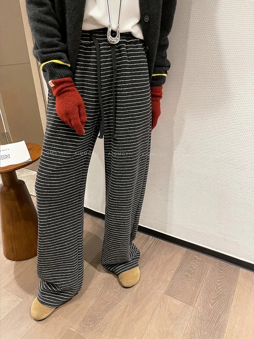 大码加绒加厚条纹糯米休闲裤女冬新款高腰显瘦胖mm梨形身材阔腿裤