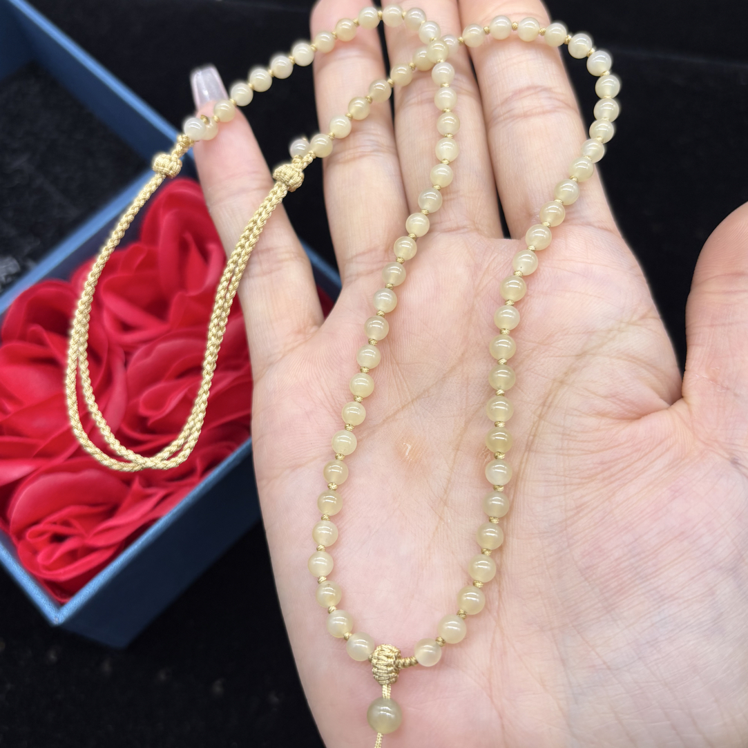 保真天然和田玉冰透浅糖圆珠4mm无事牌项链挂件绳编织百搭可调节