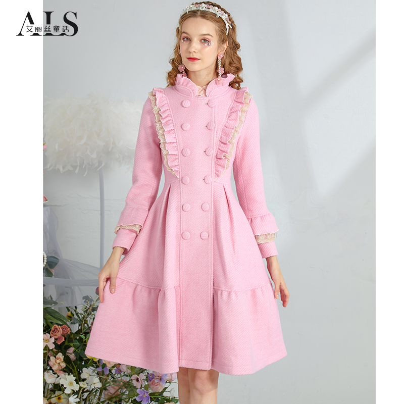 春季新款双排扣蕾丝长袖毛呢大衣粉色荷叶边中长款外套HD803DG