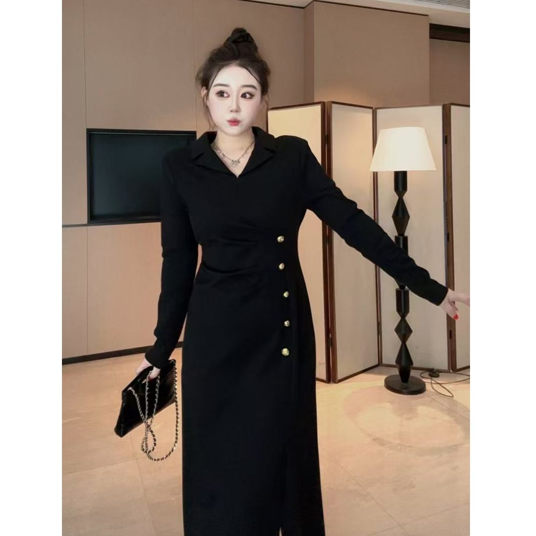 琪琪怪怪大码女装【赫本遐想】法式褶皱显瘦长款连衣裙D12874QH