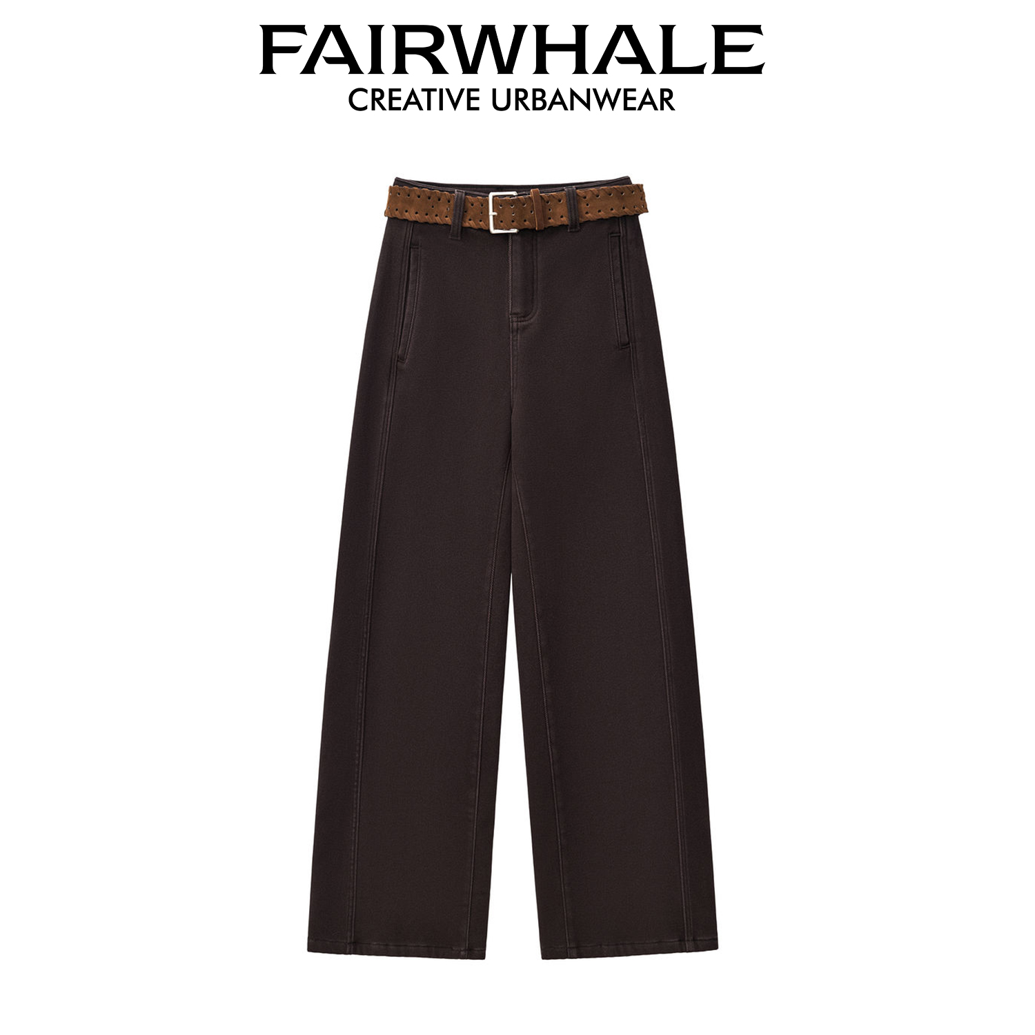 FAIRWHALE牛仔裤子女秋冬季加绒加厚直筒宽松显瘦设计款阔腿2058