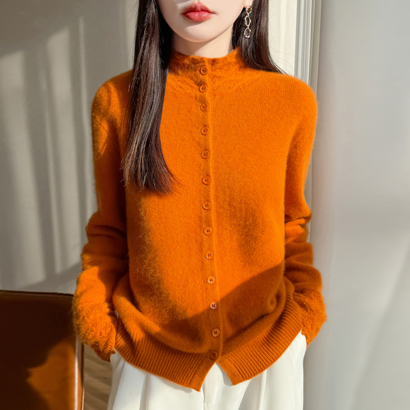 重工镂空工艺半高领开衫100羊毛衫打底七针加厚款百搭时尚针织衫