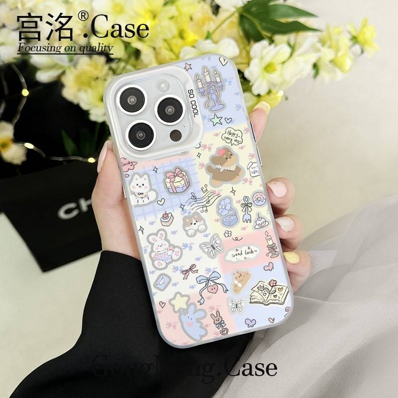 彩色底卡通小公仔彩银壳适用于iPhone苹果16手机壳华为oppo小米手