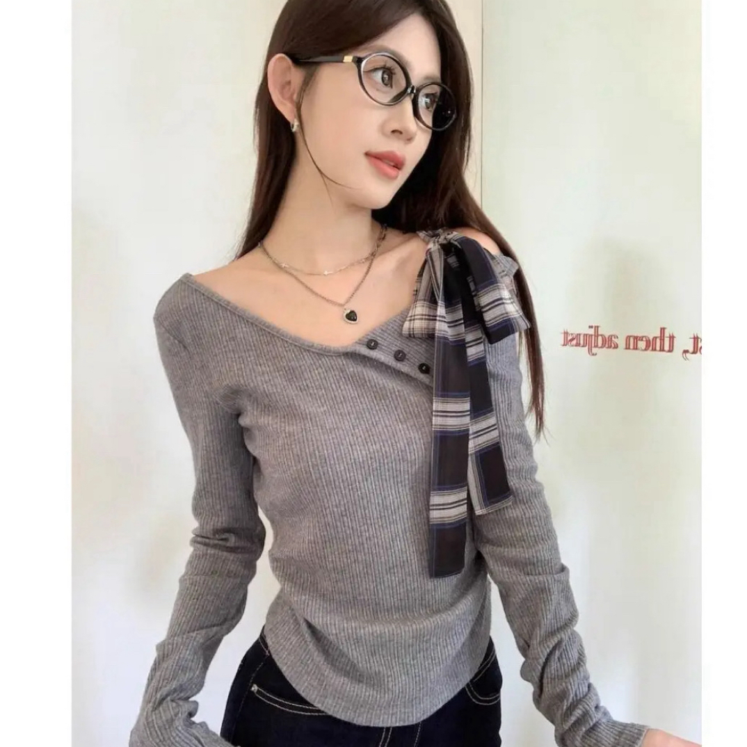 (非主图)以直播间为准女纯欲风不规则露肩T恤不规则假两件设计感