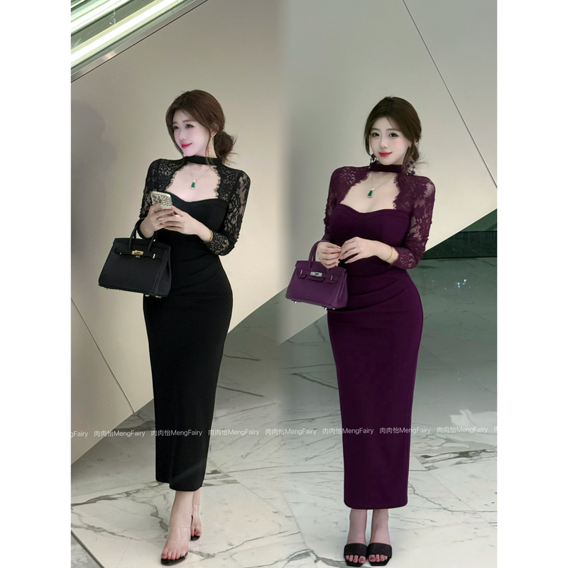 萌面侠肉肉怡【美人瓶】复古双色修身镂空领蕾丝连衣裙5654B