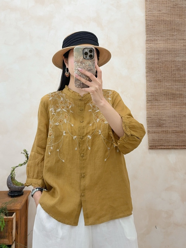 【彩云808】【100苎麻】夏季国风苎麻休闲衣服纯色珠绣小衫女装