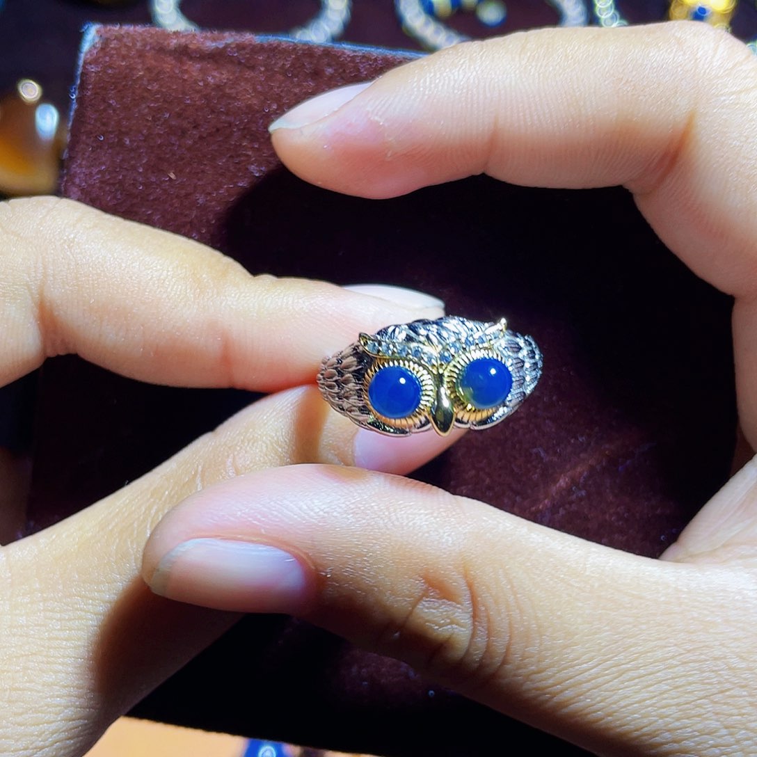 蓝珀裸石银S925镶嵌多米净水皇家蓝戒指