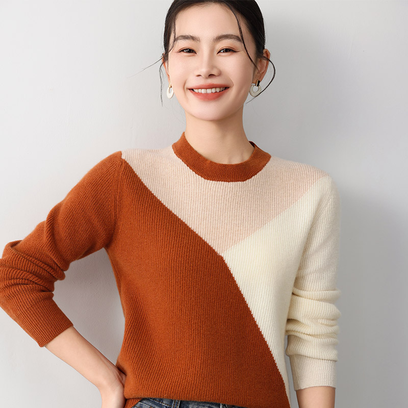 静奢腔调~秋冬新款三拼色圆领长袖羊毛衫女针织衫毛衣