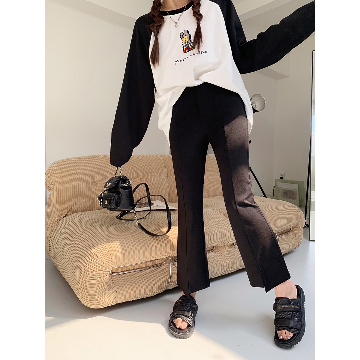 晶咕白标~梦中情裤~设计感黑色显瘦高腰喇叭裤女新款开叉休闲裤潮