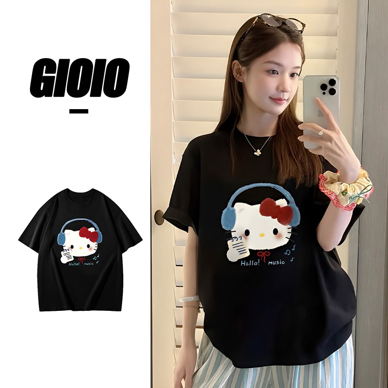 GIOIO纯棉夏季穿搭短袖女美式复古休闲百搭印花设计感甜妹上衣T恤