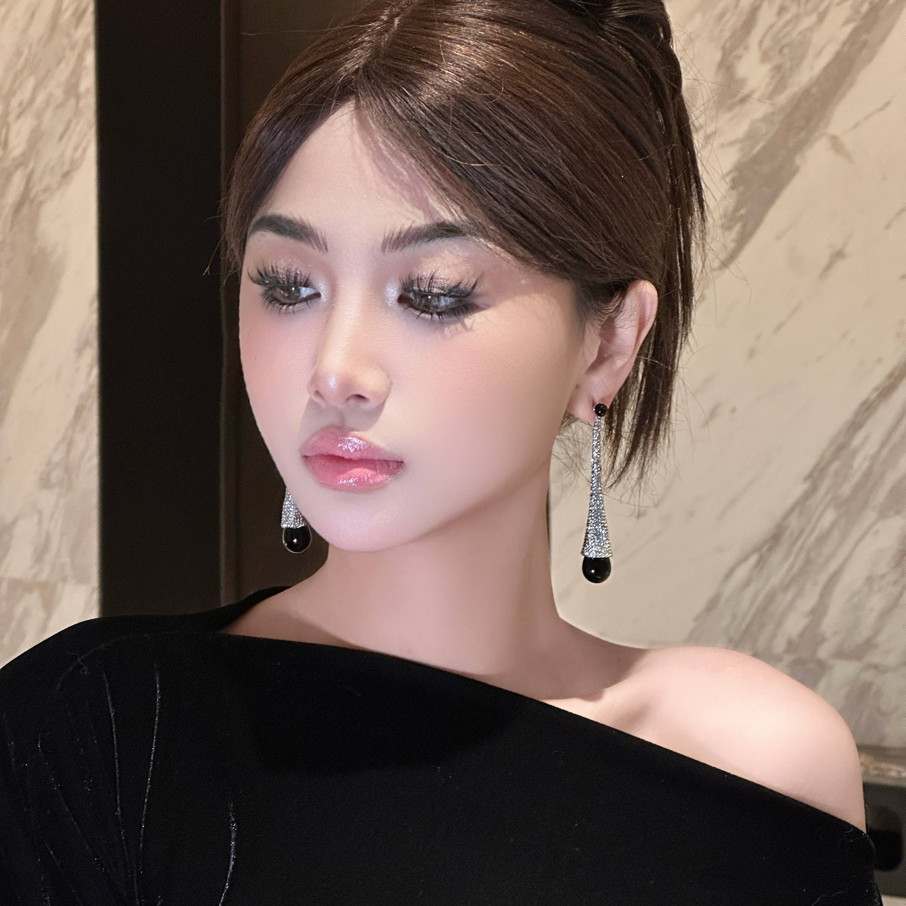 铜合金锆石耳饰 【鎏光颂】设计师款水滴满钻耳饰贝珠复古气质高级