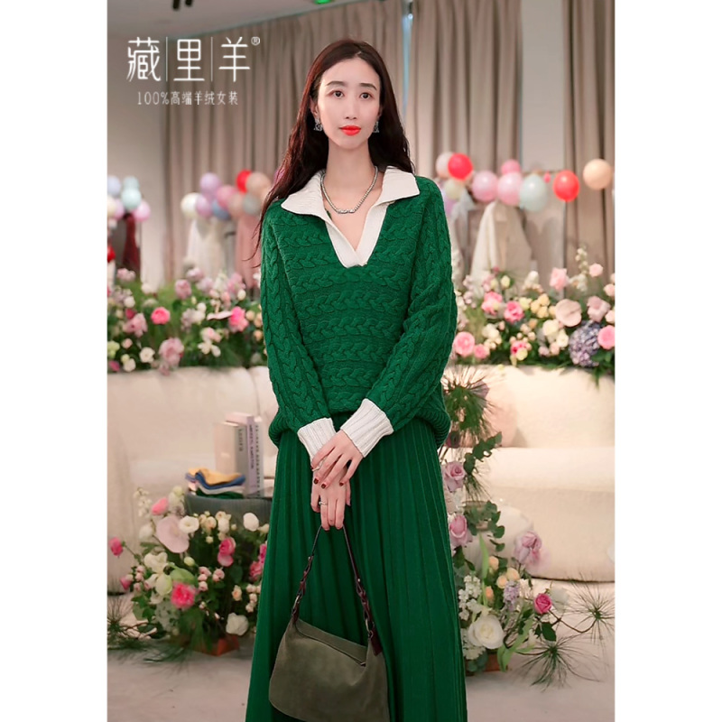 【阳光专属】藏里羊 冬季法式翻领撞色毛衣长袖麻花上衣BC01855