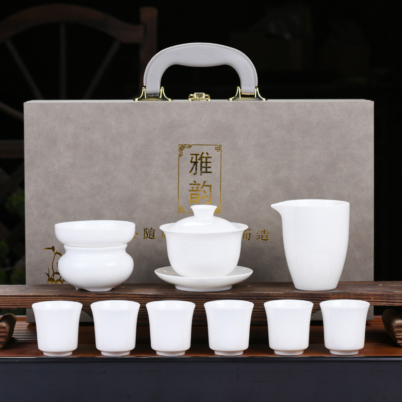 德化高档羊脂玉描金白瓷功夫茶具高档礼盒装适合家用客厅及办公室