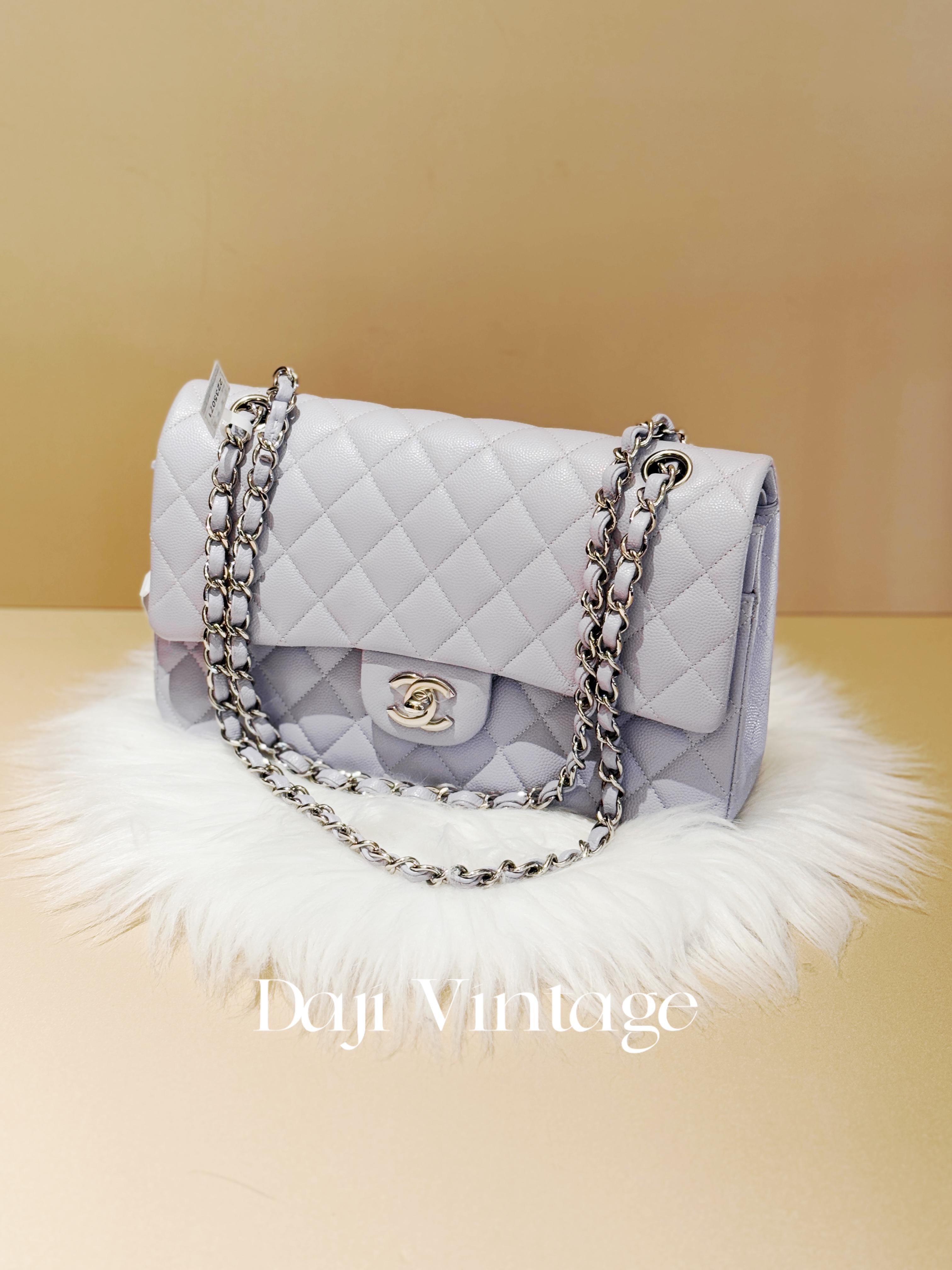 99新  大吉中古/Chanel香奈儿淡紫银扣大号cf斜挎包