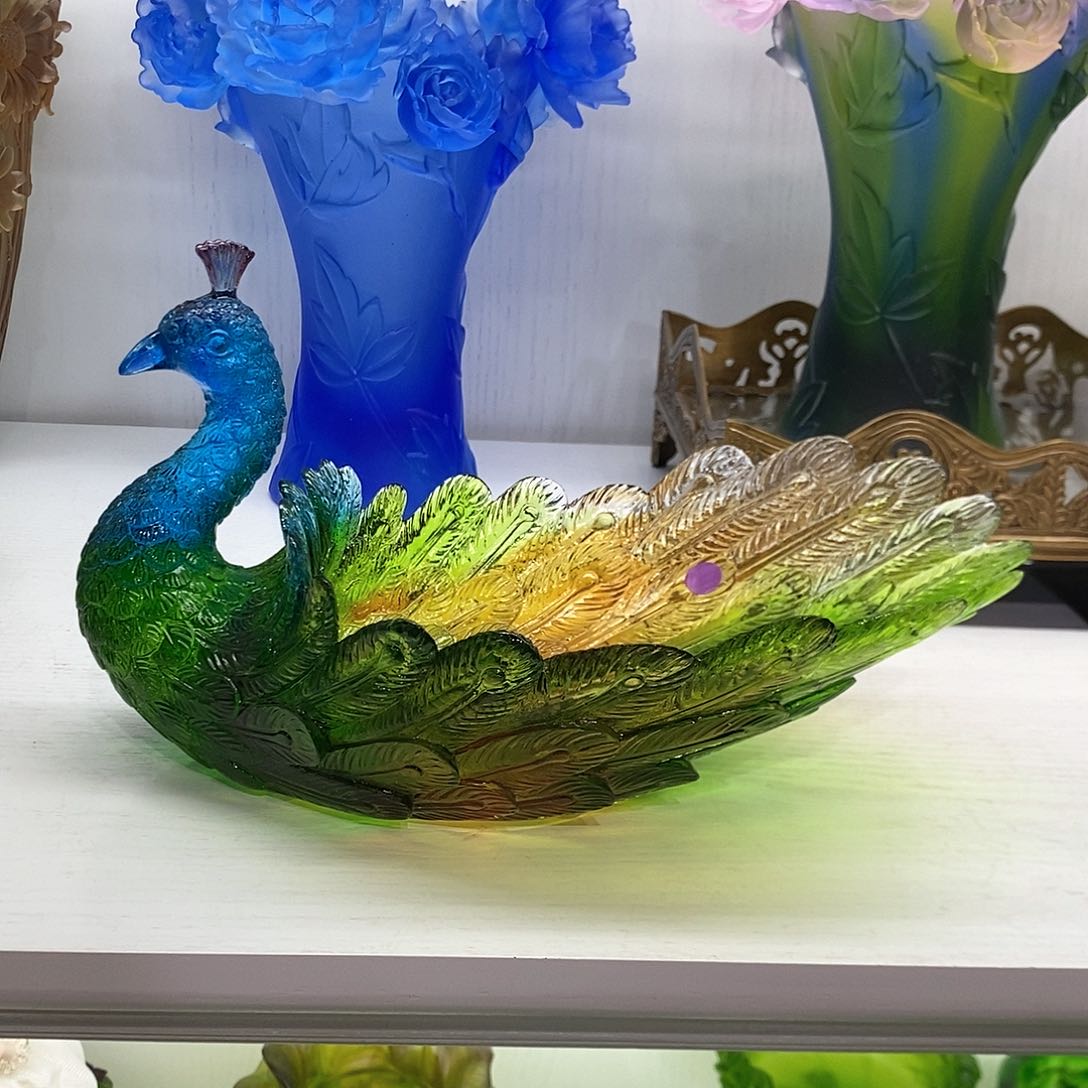 摆件脱蜡水晶七彩色孔雀摆件果斗