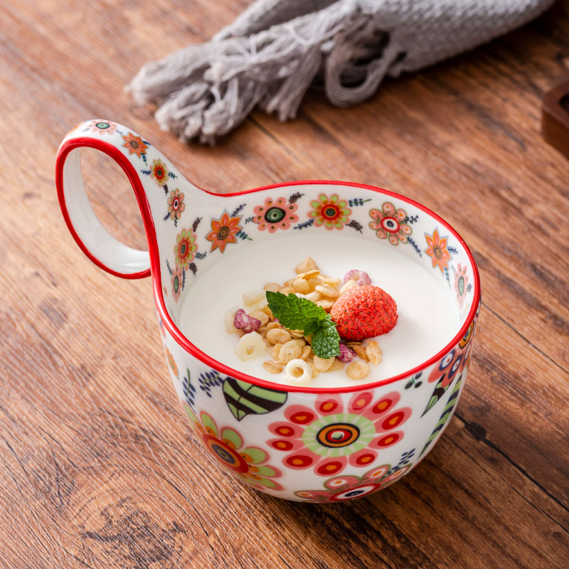 （编码：14）蝶恋花曲把杯大容量牛奶杯燕麦杯早餐陶瓷碗沙拉碗