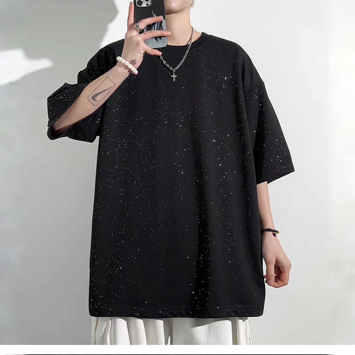 【CGSW】短袖T恤夏季新款黑色星空七分袖宽松男女上衣潮流#26TJ—01