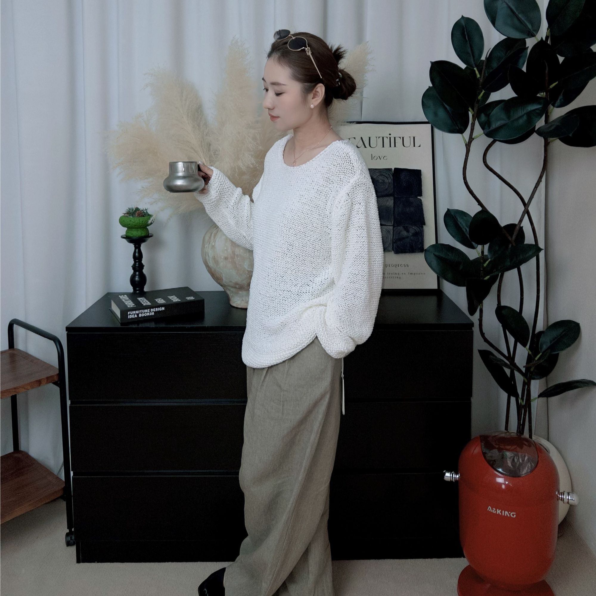 亚麻高腰老钱风直筒长裤设计感慵懒风小众