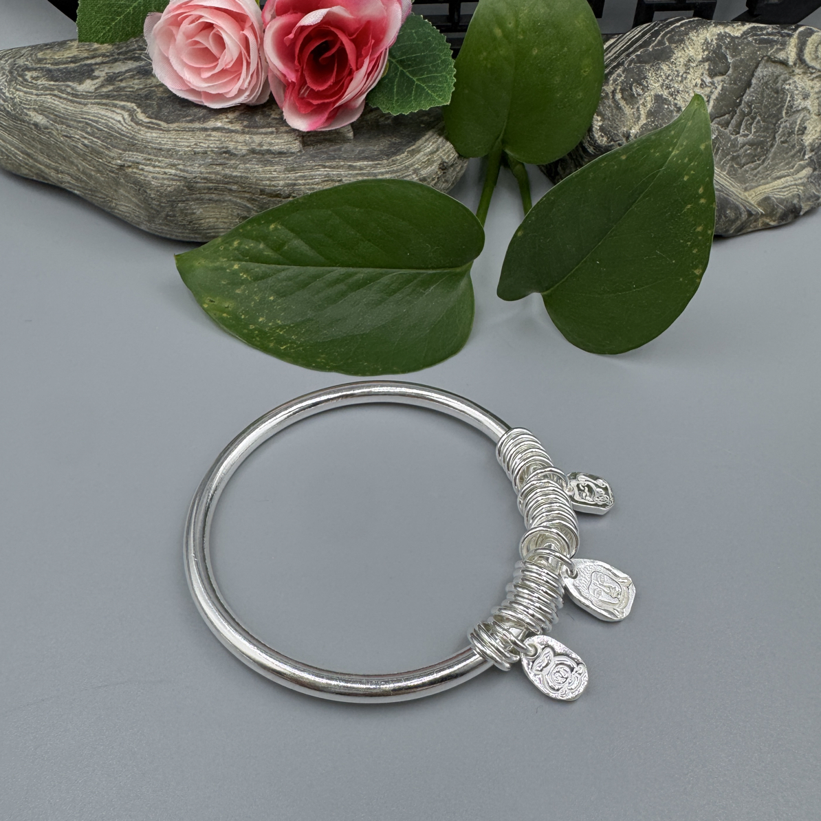 足银手镯 侗石記 实心手工盘缠光面手镯 