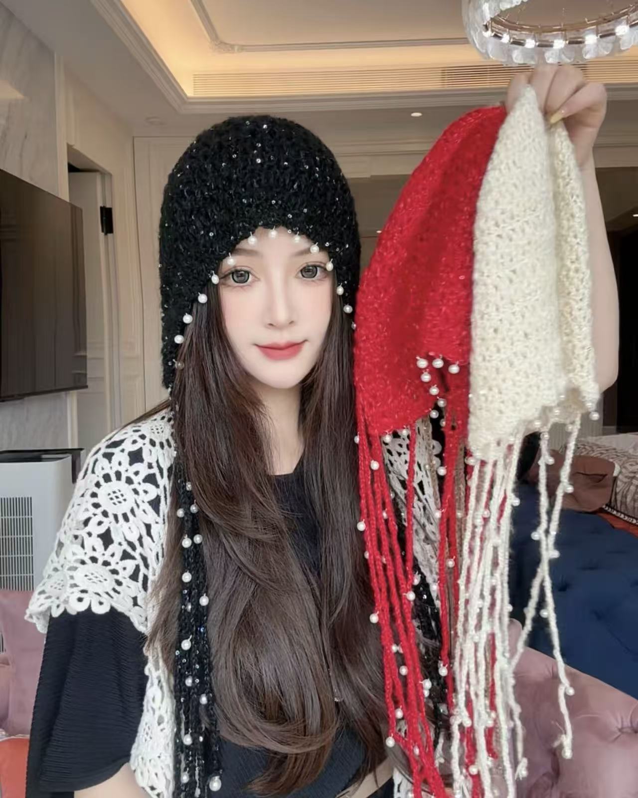亮片款手工钩织流苏珠珠包头帽旅游度假针织帽秋冬女帽子