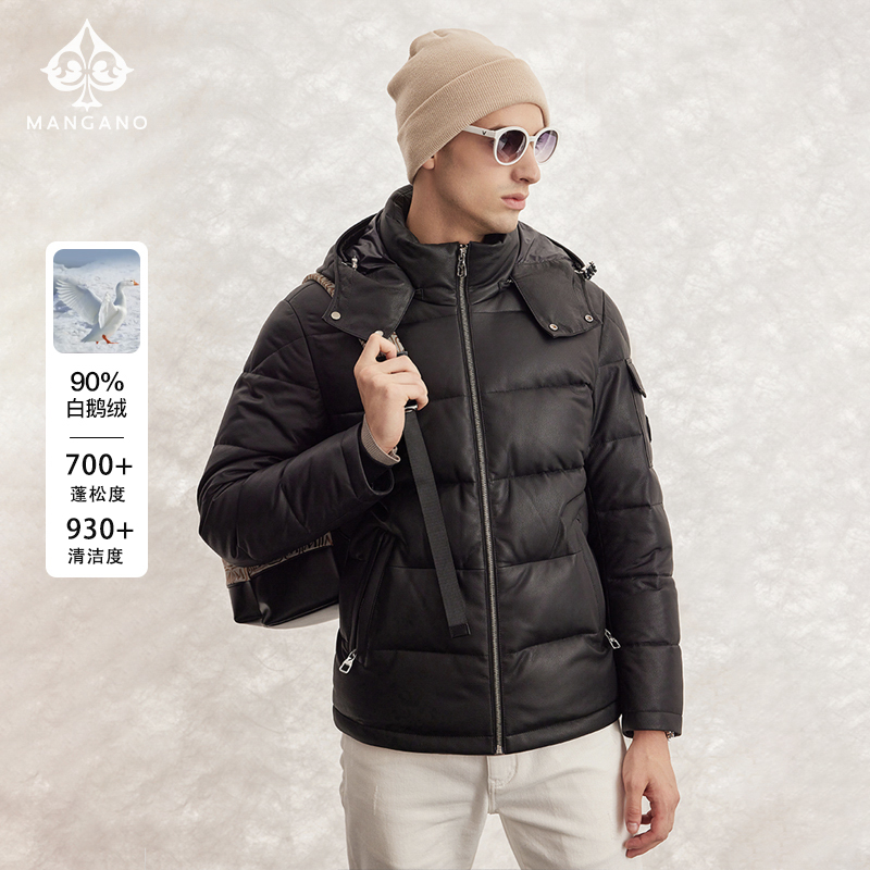 【90鹅绒/羊皮】曼加龙新款舒适连帽时尚男士冬季外套皮羽绒7233113