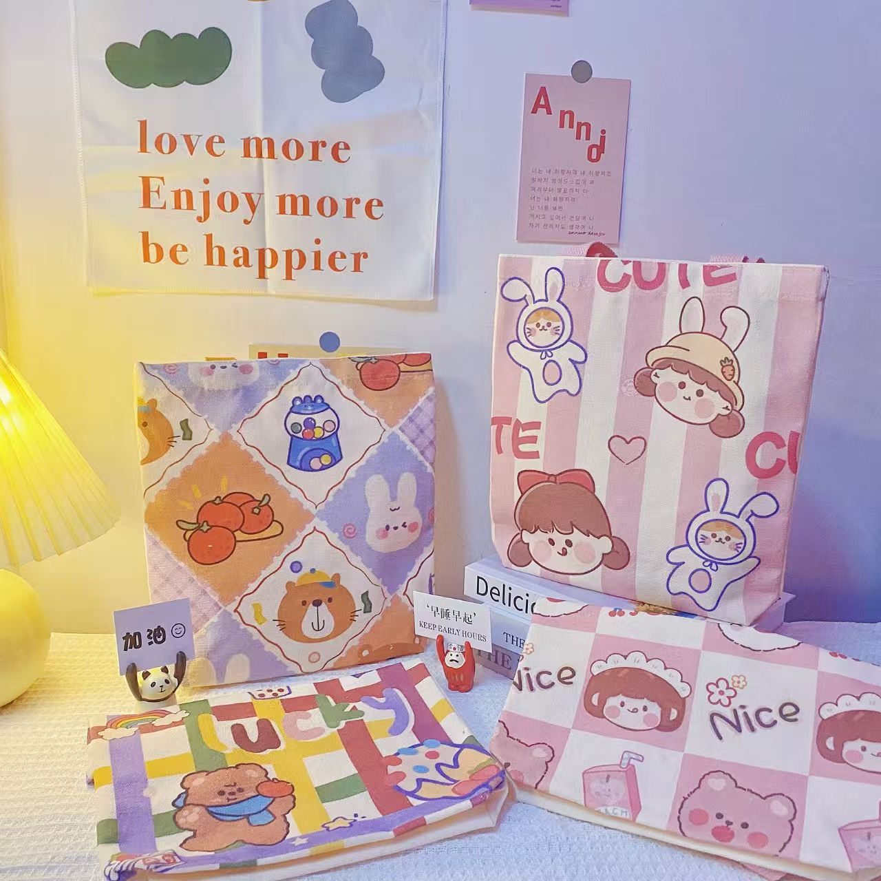 通用敞口双根防尘做旧帆布单肩包ins透气卡通防水学生随机发2个