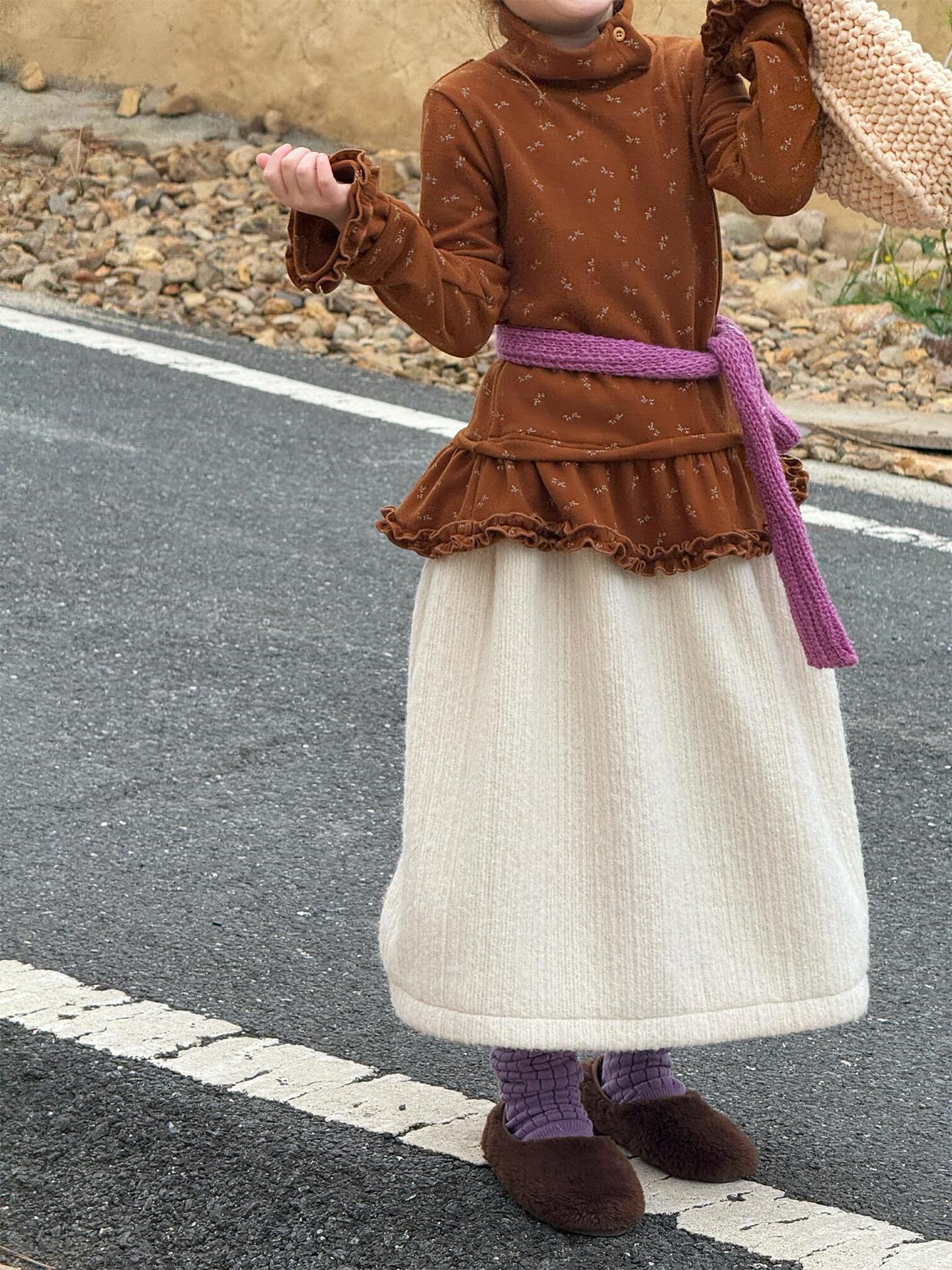 韩系童装2025冬季新款女童裙子纯色毛呢裙半身裙百搭A字裙