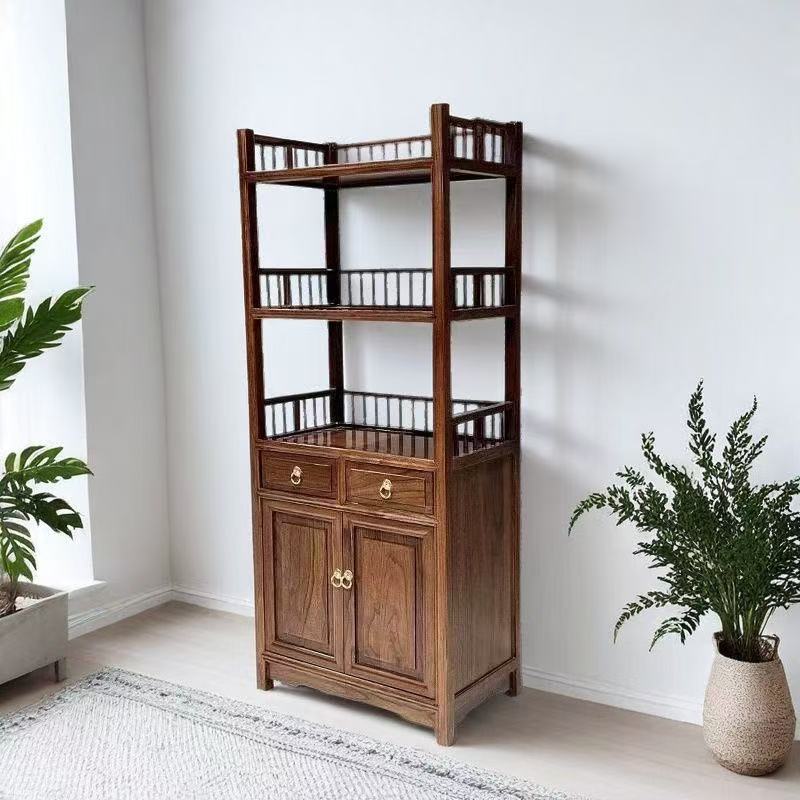 新中式榆木实木书架多层置物柜儿童书架边柜简约百搭