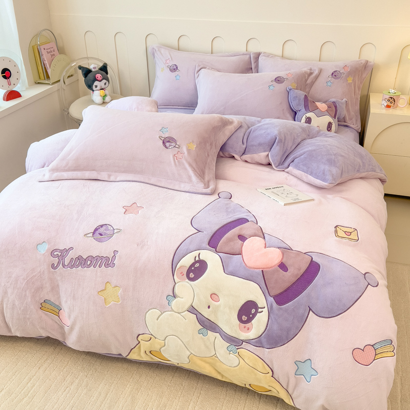 冬季加厚牛奶绒四件套库洛米卡通风贴布绣儿童珊瑚绒三件套床品
