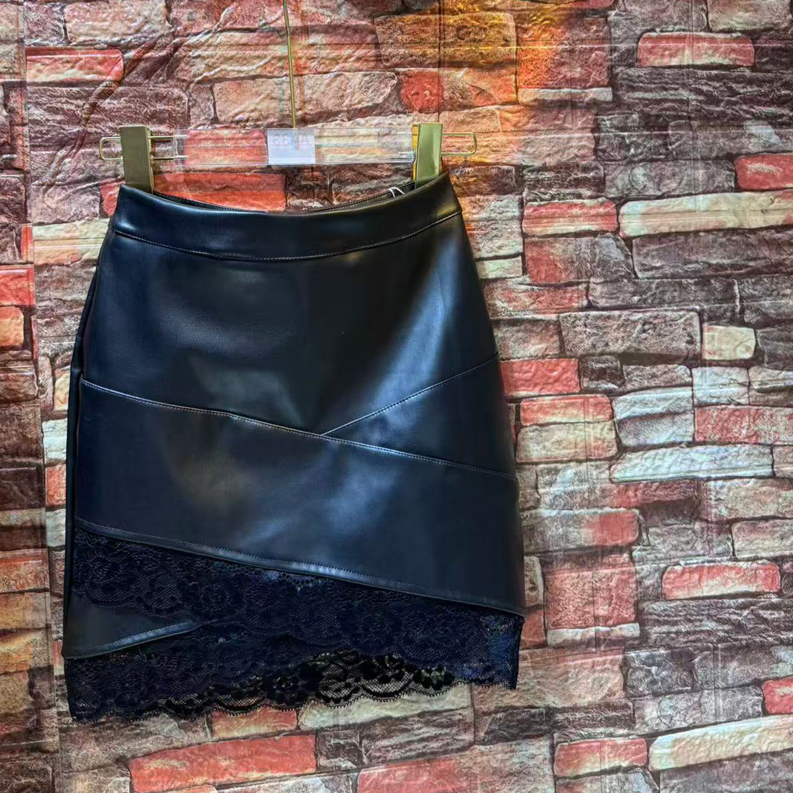 黑色皮裙辣妹高腰蕾丝半身裙