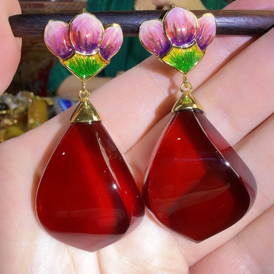 血珀银S925镀金镶嵌耳环