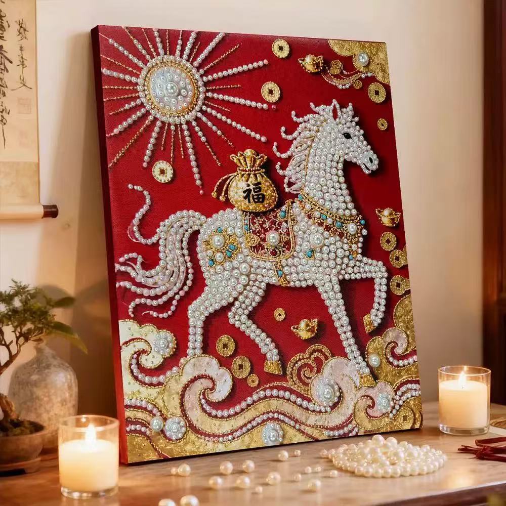 马上来福来财珍珠画diy高颜值马年创意送朋友礼物客厅财神装饰画