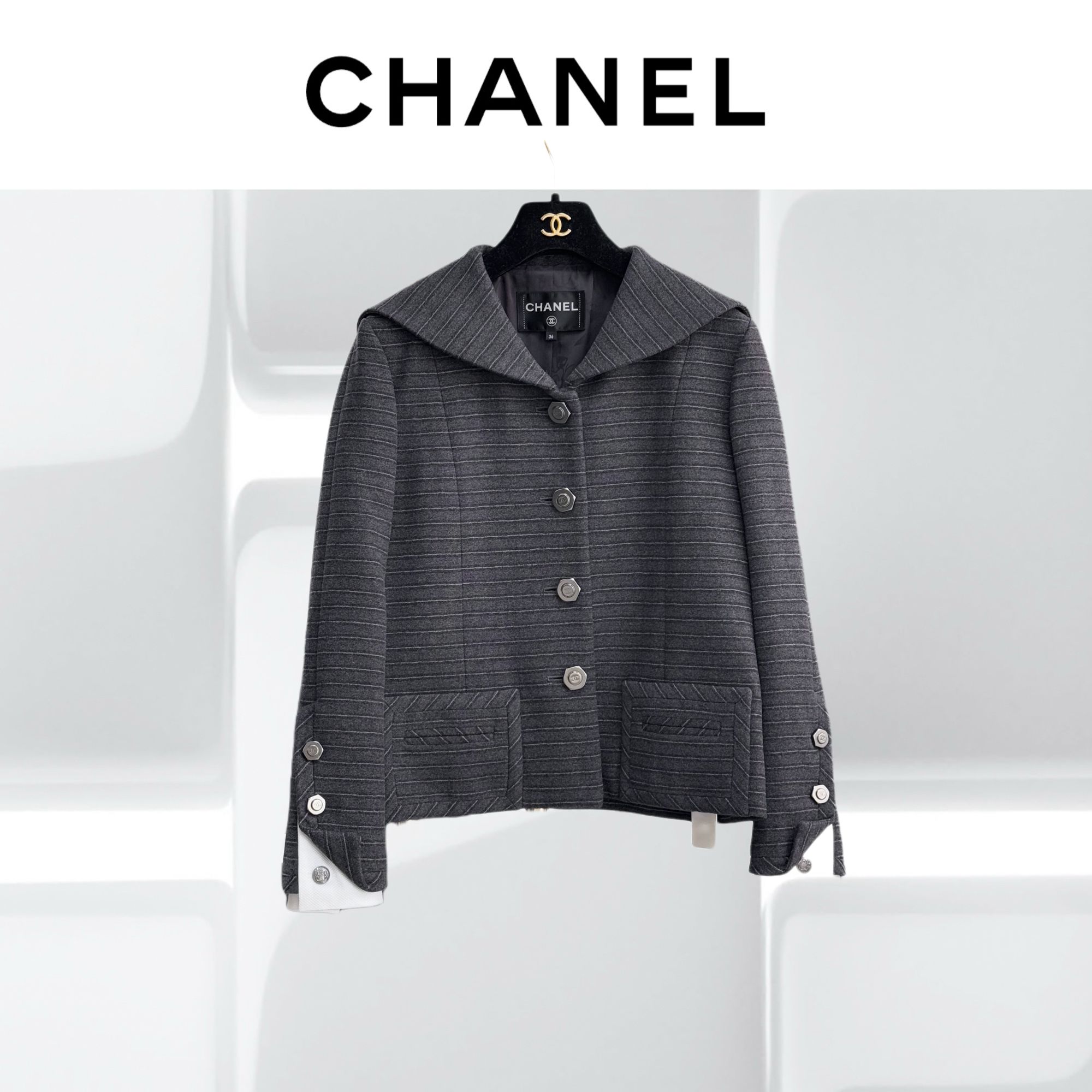 99新 Chanel/香奈儿 36码汉堡系列海军领深灰色拼白色长袖外套