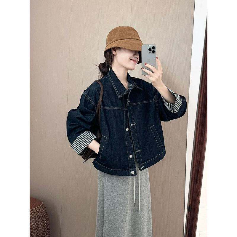 女翻领短款外套格子春秋韩版百搭春季短外套拼接薄款