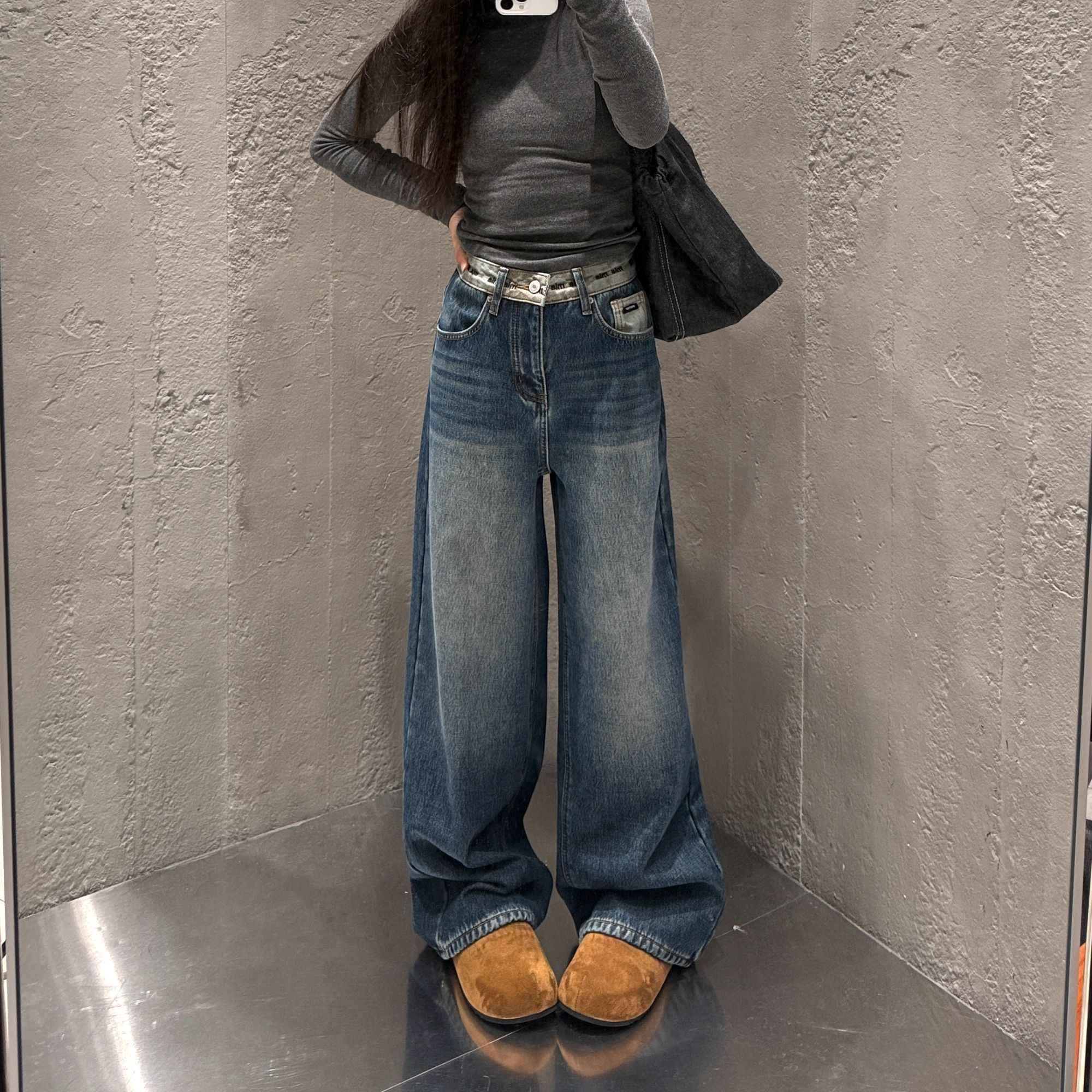 【ZS88812-2】冬季新款加绒加厚宽松中高腰显瘦牛仔裤-宽松直筒裤