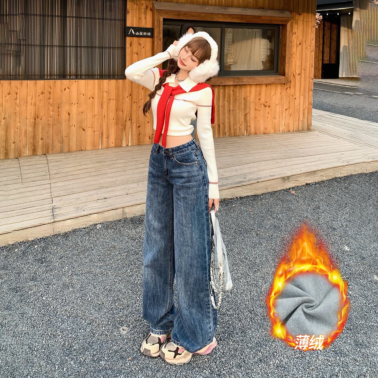 美式复古低腰宽松阔腿裤秋冬百搭ins直筒裤显瘦牛仔裤女加绒加厚