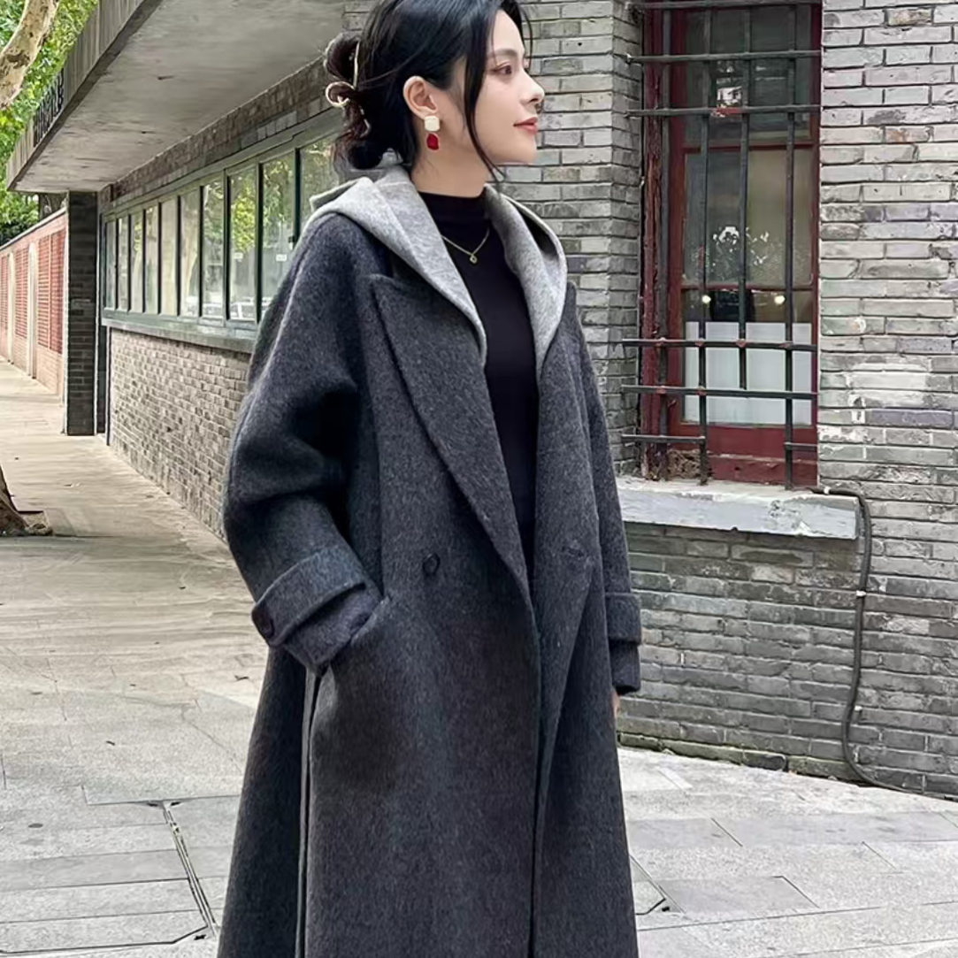 秋冬大衣新款连帽可拆卸中长款宽松韩版烟灰色